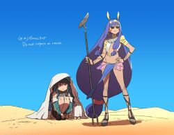 Rule 34 | 2girls, animal ears, asaya minoru, beret, black footwear, black hair, blue jacket, blue sky, closed mouth, dark-skinned female, dark skin, day, desert, earrings, egyptian, egyptian clothes, empty eyes, english text, facepaint, fate/grand order, fate (series), green headwear, hand on own hip, hat, holding, holding staff, hoop earrings, hugging own legs, jackal ears, jacket, jewelry, long hair, long sleeves, medjed (fate), multiple girls, navel, nitocris (fate), off-shoulder jacket, off shoulder, outdoors, own hands together, purple hair, sand, sandals, sky, squatting, staff, standing, sunglasses, tenochtitlan (fate), tenochtitlan (second ascension) (fate), twitter username, usekh collar, very long hair