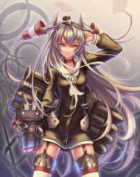 Rule 34 | 10s, 1girl, abstract background, amatsukaze (kancolle), arm behind head, brown eyes, cowboy shot, dress, futari no sei, garter straps, hair tubes, hairband, hat, kantai collection, long hair, looking at viewer, mini hat, neckerchief, rensouhou-kun, sailor dress, short dress, short sleeves, silver hair, smile, solo, striped clothes, striped thighhighs, thighhighs, two side up, very long hair