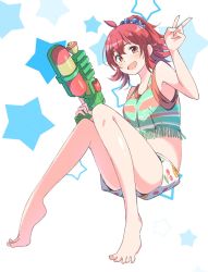Rule 34 | 1girl, ahoge, anchor print, barefoot, blue scrunchie, blush, commentary, eitopondo, hair between eyes, hand up, highres, holding, holding water gun, idolmaster, idolmaster shiny colors, komiya kaho, legs, long hair, looking at viewer, open mouth, ponytail, print shorts, red eyes, scrunchie, shirt, shorts, smile, solo, star (symbol), stomach, striped clothes, striped shirt, tank top, thighs, v, water gun, white background, white shorts