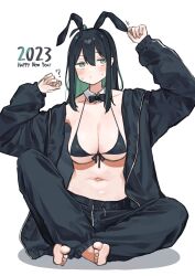Rule 34 | 1girl, 2023, ?, absurdres, animal ears, barefoot, bikini, bikini top only, black bikini, black bow, black bowtie, black hair, black jacket, black pants, blush, bow, bowtie, breasts, cleavage, closed mouth, commentary, detached collar, english commentary, fake animal ears, green eyes, green hair, hair between eyes, happy new year, highres, jacket, large breasts, long hair, midorino (green-happy), multicolored hair, new year, open clothes, open jacket, original, pants, rabbit ears, simple background, sitting, solo, sweat, swimsuit, white background