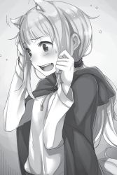 Rule 34 | 1girl, animal ears, ayakura juu, blush, cape, embarrassed, greyscale, hood, hood down, hooded, long hair, long sleeves, looking down, monochrome, myuri (spice and wolf), novel illustration, official art, open mouth, ponytail, shirt, sidelocks, solo, spice and wolf, sweatdrop, tail, upper body, very long hair, wolf ears, wolf tail