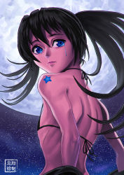 Rule 34 | 10s, 1girl, back, bikini, bikini top only, black hair, black rock shooter, black rock shooter (character), blue eyes, crying, crying with eyes open, flat chest, from behind, full moon, highres, lips, long hair, looking back, moon, nose, ryu shou, scar, sky, solo, star (sky), star (symbol), starry sky, stitches, strap gap, swimsuit, tattoo, tears, twintails, undressing, uneven twintails