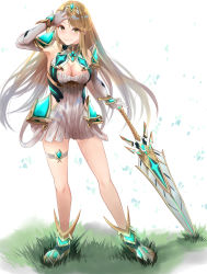 Rule 34 | 1girl, absurdres, aegis sword (xenoblade), armpits, bare legs, bare shoulders, blonde hair, breasts, chest jewel, cleavage, cleavage cutout, clothing cutout, dress, earrings, elbow gloves, gem, gloves, headpiece, highres, jewelry, large breasts, long hair, mythra (xenoblade), sail (sail-away), short dress, solo, swept bangs, thigh strap, thighs, tiara, very long hair, white dress, white footwear, white gloves, xenoblade chronicles (series), xenoblade chronicles 2, yellow eyes