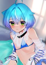 Rule 34 | 1boy, absurdres, animal ears, artist request, blue hair, cat ears, closed mouth, collar, green eyes, highres, indie virtual youtuber, linechu, male focus, multicolored hair, ribbon, short hair, trap, two-tone hair, underwear, virtual youtuber