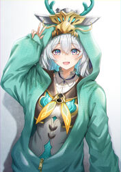 Rule 34 | 1girl, absurdres, aqua jacket, arm up, brown jacket, cowboy shot, cropped jacket, dress, firefly (honkai: star rail), gold trim, highres, honkai: star rail, honkai (series), hood, hood up, hooded jacket, jacket, long sleeves, looking at viewer, neckerchief, open clothes, open jacket, open mouth, puffy long sleeves, puffy sleeves, royboy, simple background, smile, solo, white background, white dress, yellow neckerchief