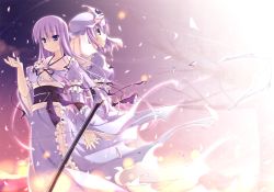 Rule 34 | 2girls, :o, blush, dual persona, female focus, fog, frills, holding hands, hat, interlocked fingers, light smile, long hair, multiple girls, no headwear, no headwear, obi, petals, purple eyes, purple hair, purple ribbon, ribbon, ribbon-trimmed collar, ribbon trim, saigyouji yuyuko, saigyouji yuyuko (living), sash, sky, t-ray, time paradox, touhou, tree, triangular headpiece, wide sleeves, wind