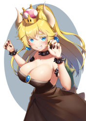 Rule 34 | 1girl, armlet, bare shoulders, black dress, black nails, blonde hair, blue eyes, blue gemstone, blush, bowsette, bracelet, breasts, cleavage, clenched teeth, collar, collarbone, crown, dress, earrings, female focus, gem, hair between eyes, hair flaps, hands up, highres, horns, jewelry, large breasts, lips, long hair, looking at viewer, mario (series), monster girl, nail polish, new super mario bros. u deluxe, nintendo, pointy ears, ponytail, rokuroku (xd p), sharp teeth, shell, smile, solo, spiked armlet, spiked bracelet, spiked collar, spiked shell, spikes, standing, strapless, strapless dress, super crown, teeth, turtle shell, white horns