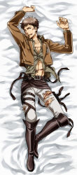 Rule 34 | 1boy, blood, boots, brown hair, dakimakura (medium), full body, highres, jacket, jean kirstein, male focus, official style, ouka ac, pants, shingeki no kyojin, solo, torn clothes, torn pants