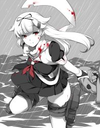 Rule 34 | 1girl, abyssal ship, aoi renji, black ribbon, black serafuku, black skirt, blood, blood on clothes, blood on face, hair flaps, hair ornament, hair ribbon, hairclip, highres, holding, kantai collection, long hair, looking at viewer, messy hair, neckerchief, pale color, partially colored, pleated skirt, rain, red eyes, red neckerchief, ribbon, school uniform, serafuku, skirt, solo, torn clothes, yuudachi (kancolle), yuudachi kai ni (kancolle)