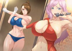 Rule 34 | 2girls, aqua eyes, arm up, armpits, bandaged hand, bandages, bare shoulders, bikini, blue bikini, breasts, brown hair, cleavage, cleavage cutout, clenched hands, clothing cutout, collarbone, commentary request, commission, cowboy shot, gluteal fold, green eyes, highres, holding, holding microphone, large breasts, long hair, looking at viewer, microphone, midriff, multiple girls, navel, open mouth, original, outstretched arm, ozaneko, parted bangs, parted lips, pink hair, ponytail, sidelocks, skeb commission, skindentation, standing, stomach, stretching, swimsuit, thigh gap