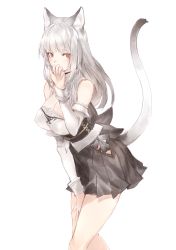 Rule 34 | 1girl, animal ears, breasts, cat ears, cat tail, cleavage, detached sleeves, covered erect nipples, highres, long hair, looking at viewer, original, red eyes, ricci, simple background, solo, tail, white background, white hair