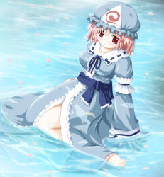 Rule 34 | 1girl, breasts, female focus, full body, gradient background, hat, large breasts, petals, pink hair, red eyes, saigyouji yuyuko, solo, touhou, water