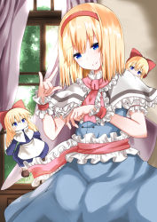 Rule 34 | 1girl, absurdres, alice margatroid, apron, arms up, blonde hair, blue dress, blue eyes, bow, capelet, commentary request, curtains, doll on shoulder, dress, floating, hair between eyes, hair bow, hairband, head tilt, highres, indoors, kabi killer, long hair, looking at viewer, open window, pink neckwear, pink ribbon, ribbon, sash, shanghai doll, short hair, sitting, smile, solo, touhou, waist apron, white capelet, window, wrist cuffs