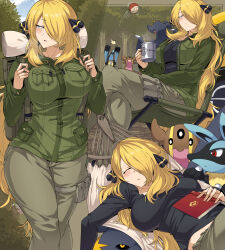Rule 34 | 1girl, backpack, bag, ball, black shirt, blonde hair, book, breasts, camping, chair, creatures (company), cup, cynthia (pokemon), forest, game freak, garchomp, gastrodon, gen 4 pokemon, green jacket, grey eyes, hair over one eye, hammock, highres, holding, holding cup, jacket, large breasts, long hair, lucario, multiple views, nature, nintendo, pants, parted lips, pokemon, pokemon (creature), pokemon dppt, shimure (460), shirt, sleeping, very long hair