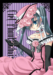 Rule 34 | 1boy, bishounen, black gloves, blue eyes, blue hair, character name, choker, ciel phantomhive, ciel phantomhive (robin dress), closed mouth, commentary request, crossdressing, dress, earrings, elbow gloves, expressionless, feet out of frame, flower, frilled choker, frills, gloves, hair between eyes, hair over one eye, hat, hat flower, jewelry, kuroshitsuji, long bangs, long hair, looking at viewer, male focus, morinaga hinase, petals, pink choker, pink dress, pink flower, pink hat, pink rose, rose, solo, striped background, stud earrings, trap, twintails