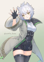 Rule 34 | 1girl, animal ears, breasts, cat ears, cat girl, chest jewel, clothing cutout, core crystal (xenoblade), crystal, diamond cutout, fingerless gloves, gloves, highres, jacket, looking at viewer, medium breasts, messy hair, na&#039;el (xenoblade), romper, short hair, shorts, simple background, smile, solo, thighhighs, thighs, waving, wide sleeves, xenoblade chronicles (series), xenoblade chronicles 3, xenoblade chronicles 3: future redeemed, yanagimachi, yellow eyes