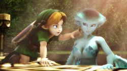 Rule 34 | 1boy, 1girl, 3d, all fours, artist request, bare shoulders, blonde hair, blue eyes, breasts, cleavage, couple, earrings, eye contact, fish girl, hat, hetero, highres, jewelry, lake, large breasts, link, looking at another, nintendo, open mouth, princess ruto, purple eyes, short hair, smile, strapless, the legend of zelda, the legend of zelda: ocarina of time, water, young link, zora