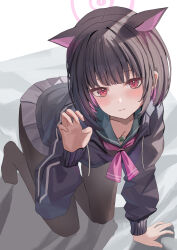 Rule 34 | 1girl, absurdres, animal ears, bent over, black hair, black jacket, black pantyhose, blue archive, blush, breasts, cat ears, cat girl, claw pose, cleavage, closed mouth, colored inner animal ears, colored inner hair, commentary request, green sailor collar, grey skirt, guree (haiiro), halo, hand up, highres, jacket, kazusa (blue archive), long sleeves, looking at viewer, medium breasts, multicolored background, multicolored hair, neckerchief, pantyhose, pink halo, pink neckerchief, pleated skirt, red eyes, sailor collar, short hair, skirt, solo