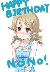 Rule 34 | 10s, 1girl, absurdres, blush, brown eyes, buttons, dress, drill hair, earrings, flower, hair flower, hair ornament, happy birthday, highres, idolmaster, idolmaster cinderella girls, jewelry, light brown hair, looking at viewer, morikubo nono, nose blush, short hair, simple background, smile, solo, tears, white background, yandama