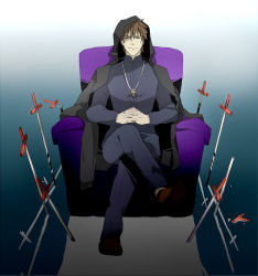 Rule 34 | 1boy, black keys (type-moon), brown eyes, brown hair, chair, cloak, couch, cross, cross necklace, fate/zero, fate (series), field of blades, highres, hood, jewelry, kotomine kirei, male focus, necklace, planted, planted sword, planted weapon, reflection, shinishi chiho, sitting, solo, sword, weapon