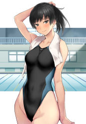 Rule 34 | 1girl, amagami, black eyes, black hair, black one-piece swimsuit, breasts, collarbone, commentary request, competition swimsuit, cowboy shot, highres, looking at viewer, medium breasts, one-piece swimsuit, ponytail, pool, serizawa (serizawaroom), short hair, smile, solo, swimsuit, towel, towel around neck, tsukahara hibiki, white towel