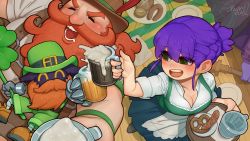 Rule 34 | 1boy, 1girl, apron, beard, beer mug, blouse, blush, braid, breasts, brown hair, character request, check character, cleavage, cup, facial hair, food, french braid, gragas, green eyes, green headwear, hat belt, highres, indie virtual youtuber, mug, mustache, open mouth, plate, podone, pretzel, purple hair, sausage, shadow, shirt, short sleeves, signature, smile, sparrowl, tray, upper body, veigar, virtual youtuber, white apron, white shirt
