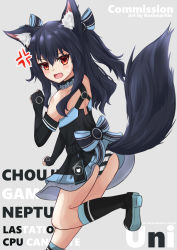 Rule 34 | animal ears, annoyed, back, back muscles, bare shoulders, black hair, blush, boots, collar, dress, flustered, fox, fox ears, fox girl, fox tail, gloves, hair ornament, hairclip, highres, kitsune, knees, koshmarrin, long hair, neptune (series), open mouth, panties, pants, red eyes, ribbon, skirt, tail, thighs, tsundere, twintails, two side up, underwear, uni (neptunia)