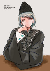 Rule 34 | 1girl, ace attorney, black hat, bright pupils, closed mouth, earrings, eyelashes, franziska von karma, grey background, grey eyes, grey hair, hat, highres, jewelry, long sleeves, looking at viewer, rat nkmi, short hair, solo, twitter username, upper body, white pupils