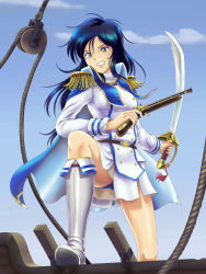 Rule 34 | 1girl, arlette (lost technology), belt, blue cape, blue eyes, blue hair, blue panties, blue sky, boots, brown belt, cape, clenched teeth, cloud, commentary request, day, dress, epaulettes, floating hair, gun, highres, holding, holding gun, holding sword, holding weapon, knee boots, long hair, lost technology, outdoors, panties, pantyshot, pirate, pulley, saber (weapon), shiny footwear, shiny skin, short dress, sky, solo, standing, sword, tamanegiinyo, teeth, underwear, weapon, white dress, white footwear