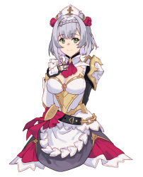Rule 34 | 1girl, armor, armored dress, ascot, blush, braid, braided bangs, breasts, cleavage, closed mouth, dress, flower, gauntlets, genshin impact, green eyes, grey hair, hand on own chest, headpiece, highres, kimi tsuru, large breasts, long sleeves, looking at viewer, noelle (genshin impact), pauldrons, red ascot, red skirt, rose, short hair, shoulder armor, skirt, smile, solo, white dress