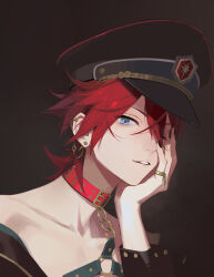 Rule 34 | 1boy, amagi rinne, belt collar, black background, blue eyes, collar, collarbone, earrings, ensemble stars!, eyokiki, hair between eyes, hand on own face, hat, jewelry, male focus, military hat, one eye closed, open mouth, red hair, ring, short hair, simple background, single bare shoulder, smile, upper body
