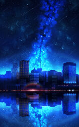 Rule 34 | blue theme, building, city, city lights, cityscape, commentary request, galaxy, highres, lens flare, meteor shower, milky way, night, night sky, no humans, original, outdoors, pasoputi, reflective floor, scenery, sky, sky focus, star (sky), star (symbol), starry sky