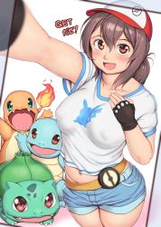 Rule 34 | 1girl, :d, baseball cap, black gloves, blurry, blush, breasts, brown hair, bulbasaur, character print, charmander, collarbone, commentary request, covered erect nipples, creatures (company), depth of field, fangs, feet out of frame, female protagonist (pokemon go), fingerless gloves, fire, flame-tipped tail, game freak, gen 1 pokemon, gloves, green eyes, hair between eyes, hat, highres, holding, long hair, looking at viewer, medium breasts, navel, nintendo, open mouth, orizen, pikachu, plump, pokemon, pokemon (creature), pokemon go, ponytail, print shirt, puffy nipples, red eyes, selfie, shirt, short sleeves, simple background, smile, squirtle, starter pokemon trio, tareme, translation request, white background, white shirt