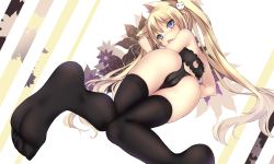 Rule 34 | 1girl, animal ears, ass, back cutout, bad id, bad pixiv id, black bra, black panties, black thighhighs, blonde hair, blue eyes, blush, bra, cameltoe, cat cutout, cat ears, cat lingerie, clothing cutout, dk.senie, feet, foot focus, foreshortening, from behind, highres, knees together feet apart, long hair, looking back, lying, meme attire, no shoes, no tail, on side, open mouth, original, panties, soles, solo, tears, thighhighs, twintails, underwear, underwear only, very long hair