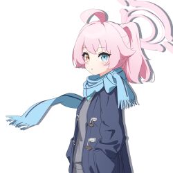 Rule 34 | 1girl, absurdres, ahoge, blue archive, blue coat, blue scarf, blush, coat, commentary request, double-parted bangs, drop shadow, from side, grey pants, grey shirt, halo, hands in pockets, heterochromia, highres, hoshino (blue archive), huajiao, long hair, long sleeves, looking at viewer, pants, parted lips, pink hair, ponytail, scarf, shirt, sidelocks, simple background, solo, upper body, white background