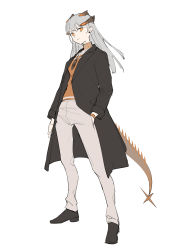 Rule 34 | 1girl, arknights, black footwear, black jacket, brown pants, casual, dragon horns, earrings, expressionless, flat color, from side, full body, hand in pocket, highres, horns, jacket, jewelry, long hair, long sleeves, looking at viewer, necklace, orange eyes, orange shirt, pants, pendant, saria (arknights), shirt, silver hair, sketch, solo, standing, tail, winter clothes, wristband, zhili xingzou