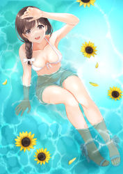 Rule 34 | 1girl, :d, arm support, arm up, armpits, bikini, black hair, bow, braid, braided ponytail, breasts, breasts apart, brown eyes, collarbone, commentary request, daisy, flower, from above, front-tie bikini top, front-tie top, hair bow, hair over shoulder, halterneck, highres, in water, knees up, light blush, medium breasts, mossan (mossan-777), open mouth, original, petals, side-tie bikini bottom, sitting, smile, string bikini, swimsuit, toeless legwear, water, white bikini, white bow, white footwear, yellow flower