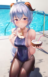 Rule 34 | 1girl, ahoge, bare shoulders, bell, black pantyhose, blue hair, blue one-piece swimsuit, blurry, blurry background, blush, breasts, cleavage, coconut, collarbone, commentary, competition swimsuit, covered navel, cowbell, drinking straw, duplicate, food, fruit, ganyu (genshin impact), genshin impact, goat horns, hair between eyes, hands up, highres, holding, holding food, holding fruit, horns, kneeling, long hair, no shoes, one-piece swimsuit, pantyhose, pantyhose under swimsuit, parted lips, pool, purple eyes, shirosaba, skindentation, swimsuit, very long hair, water, wet, white one-piece swimsuit