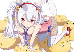 Rule 34 | 1girl, :o, all fours, animal ears, azur lane, bare arms, bare shoulders, blue bow, blush, bow, breasts, collar, commentary request, detached collar, fake animal ears, feet, fingernails, fishnet pantyhose, fishnets, gotyou, hair between eyes, hair ornament, hairband, high heels, laffey (azur lane), leotard, long hair, looking at viewer, necktie, pantyhose, parted lips, pink leotard, playboy bunny, purple necktie, rabbit ears, red eyes, red footwear, red hairband, silver hair, small breasts, solo, strapless, strapless leotard, stuffed animal, stuffed bird, stuffed toy, thighhighs, thighhighs over pantyhose, twintails, very long hair, white background, white collar, white thighhighs, wrist cuffs