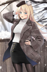 Rule 34 | 1girl, absurdres, bare tree, beret, bismarck (kancolle), black pantyhose, black skirt, blonde hair, blue eyes, blush, brown hat, coat, grey coat, hair between eyes, hand on own hip, hat, highres, jewelry, kantai collection, long hair, long sleeves, open clothes, open coat, open mouth, paid reward available, pantyhose, pencil skirt, plaid, plaid coat, pom pom (clothes), ribbed sweater, ring, skirt, smile, snow, solo, sweater, tree, wedding band, white sweater, yunamaro