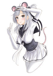 Rule 34 | 1girl, absurdres, animal ears, black headband, black sailor collar, bodysuit, breasts, clothes writing, commentary request, corset, cowboy shot, double v, headband, highres, kantai collection, long hair, medium breasts, mouse ears, mouse tail, neckerchief, one side up, sailor collar, silver hair, simple background, skirt, skypixter, solo, standing, suzutsuki (kancolle), tail, v, white background, white bodysuit, white neckerchief, white skirt