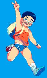 Rule 34 | 1boy, :d, arm up, backpack, bag, bandaid, bandaid on knee, bandaid on leg, blue background, blue hair, blush, briefs, child, classic fly briefs, full body, glasses, male focus, male underwear, no pants, open mouth, original, shoes, simple background, smile, sneakers, solo, tanaka (tanakasunsun), tank top, underwear, v, watch, wristwatch