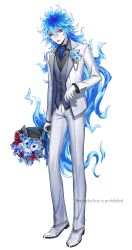 Rule 34 | 1boy, absurdres, black shirt, blazer, blue flower, blue hair, blue lips, blue ribbon, blue vest, bouquet, boutonniere, buttons, closed mouth, collared shirt, commentary request, crossed bangs, daffodil, dress shirt, eyeshadow, fiery hair, flower, food, formal, fruit, full body, gloves, hair between eyes, hexagon print, highres, holding, holding bouquet, idia shroud, jacket, lapels, lipstick, long hair, long sleeves, looking at viewer, makeup, male focus, official style, open clothes, open jacket, pants, pomegranate, print vest, ribbon, shirt, shoes, sidelocks, simple background, solo, standing, suit, twisted wonderland, user egdy2875, very long hair, vest, watermark, white background, white flower, white footwear, white gloves, white jacket, white pants, wing collar, yellow eyes