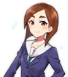 1girl blazer blue_jacket blush bob_cut breasts brown_eyes brown_hair closed_mouth collared_shirt commentary dress_shirt eizouken_ni_wa_te_wo_dasu_na! green_necktie hands_on_own_hips highres inverted_bob jacket long_sleeves looking_at_viewer mizusaki_tsubame necktie portrait sailor_collar school_uniform shirt short_hair simple_background small_breasts smile solo sorimachi-doufu sparkle swept_bangs thick_eyebrows upper_body white_background white_sailor_collar white_shirt