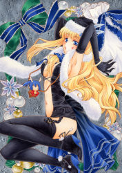 Rule 34 | 1girl, acrylic paint (medium), aoi yuuka (ao no kokoro), armpits, arms up, black gloves, black santa costume, blonde hair, blue eyes, boots, bracelet, breasts, center opening, christmas, cleavage, colored pencil (medium), elbow gloves, garter straps, gloves, hat, jewelry, legs, long hair, lying, macross, macross frontier, marker (medium), medium breasts, on side, painting (medium), santa costume, saotome alto, sheryl nome, sideboob, solo, thigh boots, thighhighs, thighs, traditional media, very long hair