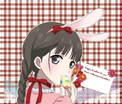 Rule 34 | 1girl, alternate costume, animal ears, black eyes, black hair, braid, chiyoka, collar, covering own mouth, dress, easter, easter egg, egg, english text, flower, frilled collar, frills, hair behind ear, happy easter, holding, holding egg, lace trim, light smile, long hair, looking at viewer, neck ribbon, orange flower, paper, pink dress, pink flower, plaid, plaid background, polka dot, rabbit ears, rdg red data girl, red background, red flower, red ribbon, ribbon, solo, suzuhara izumiko, turning head, twin braids, white background