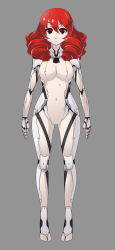 Rule 34 | 1girl, @ @, android, breasts, chuunioniika, drill hair, drill kill, full body, grey background, highres, joints, large breasts, long hair, no nipples, no pussy, nude, original, quad drills, red eyes, red hair, robot joints, simple background, solo, symbol-shaped pupils