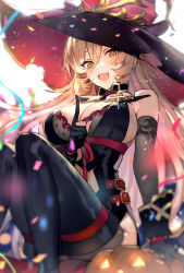 Rule 34 | 1girl, black dress, black gloves, black hat, breasts, cleavage, clothing cutout, commentary request, doushite, dress, gloves, hair between eyes, hat, highres, large breasts, long hair, looking at viewer, nijisanji, nui sociere, nui sociere (1st costume), partially fingerless gloves, short dress, sideboob, smile, solo, virtual youtuber, white gloves, witch hat, yellow eyes