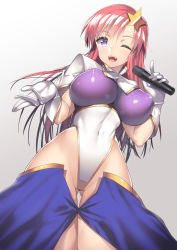 Rule 34 | 1girl, ;d, blue skirt, bodysuit, breasts, capelet, covered erect nipples, covered navel, cowboy shot, dutch angle, from below, gloves, gluteal fold, gradient background, grey background, groin, gundam, gundam seed, gundam seed destiny, hair ornament, hand up, happy, highleg, highleg leotard, hip focus, holding, holding microphone, idol, impossible bodysuit, impossible clothes, impossible leotard, index finger raised, large breasts, legs together, leotard, long hair, looking at viewer, looking down, lowleg, lowleg skirt, meer campbell, microphone, music, nagase haruhito, narrow waist, one eye closed, open mouth, outstretched hand, pink hair, purple eyes, red hair, shiny clothes, showgirl skirt, singing, skin tight, skirt, smile, solo, standing, star (symbol), star hair ornament, straight hair, thigh gap, turtleneck, white gloves, white leotard