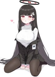 1girl black_hair black_pantyhose black_skirt blue_archive breasts full_body heart highres io9 large_breasts long_hair long_sleeves pantyhose pleated_skirt red_eyes rio_(blue_archive) simple_background skirt solo sweater white_background white_sweater